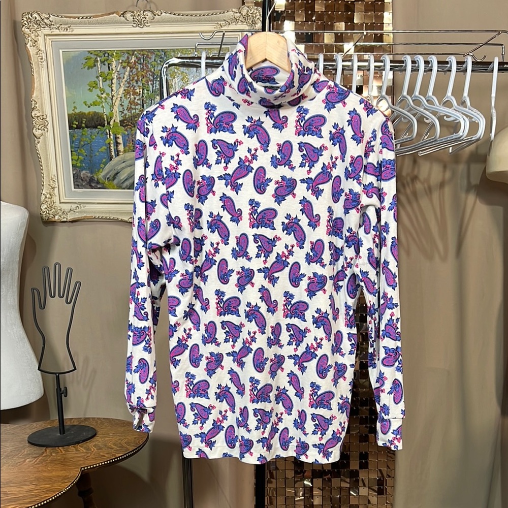 Vintage Cabin Creek 90s Cream Blue Pink Paisley Turtleneck Size M P2P 19-21”